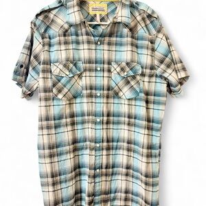 Men's Plaid Button-Down Shirt in Blue and Tan